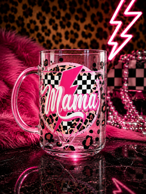 Mama glass mug with pink lightning bolt and leopard print design