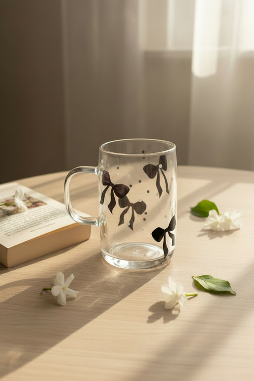 Clear glass mug with black bow print design