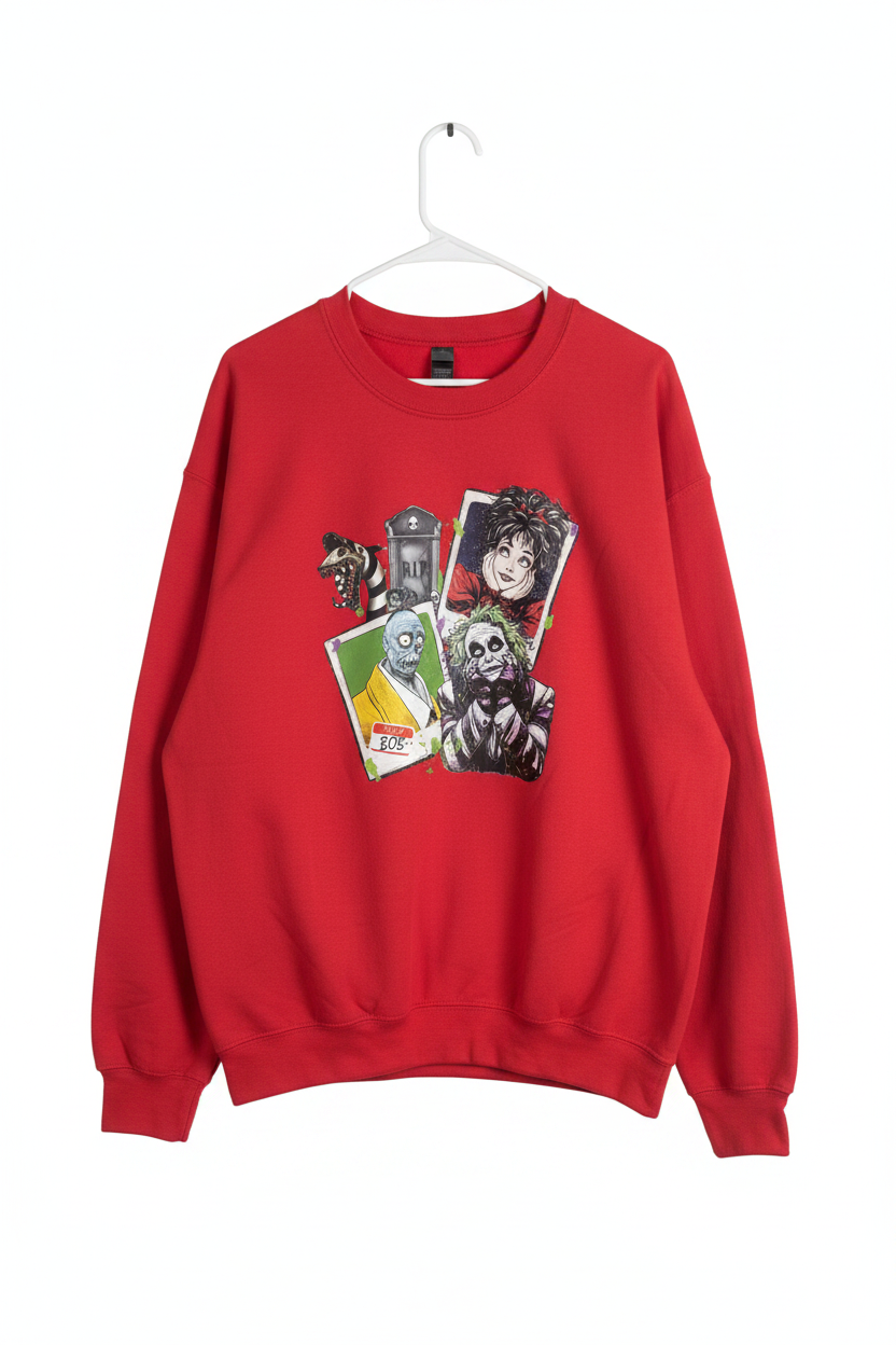 Red Beetlejuice graphic sweatshirt on white studio background