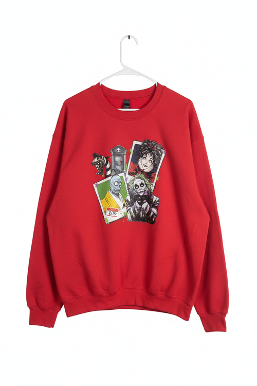 Red Beetlejuice graphic sweatshirt on white studio background