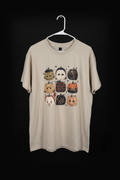 Sand horror movie pumpkins graphic tee on black studio background