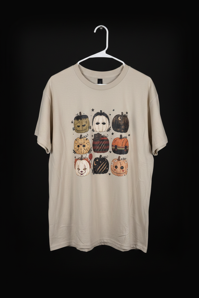 Sand horror movie pumpkins graphic tee on black studio background