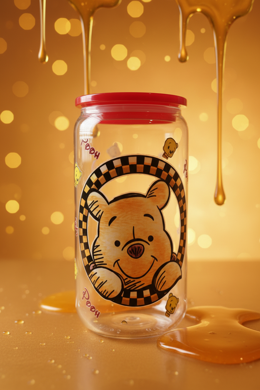 Winnie the Pooh glass can cup with warm honey golden background