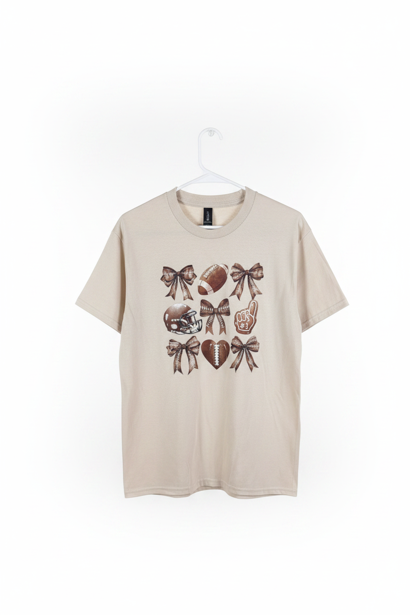 Football and bows graphic tee on white studio background