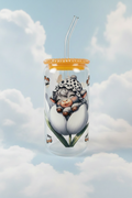 Sleeping highland cow glass can cup with cloud background and straw