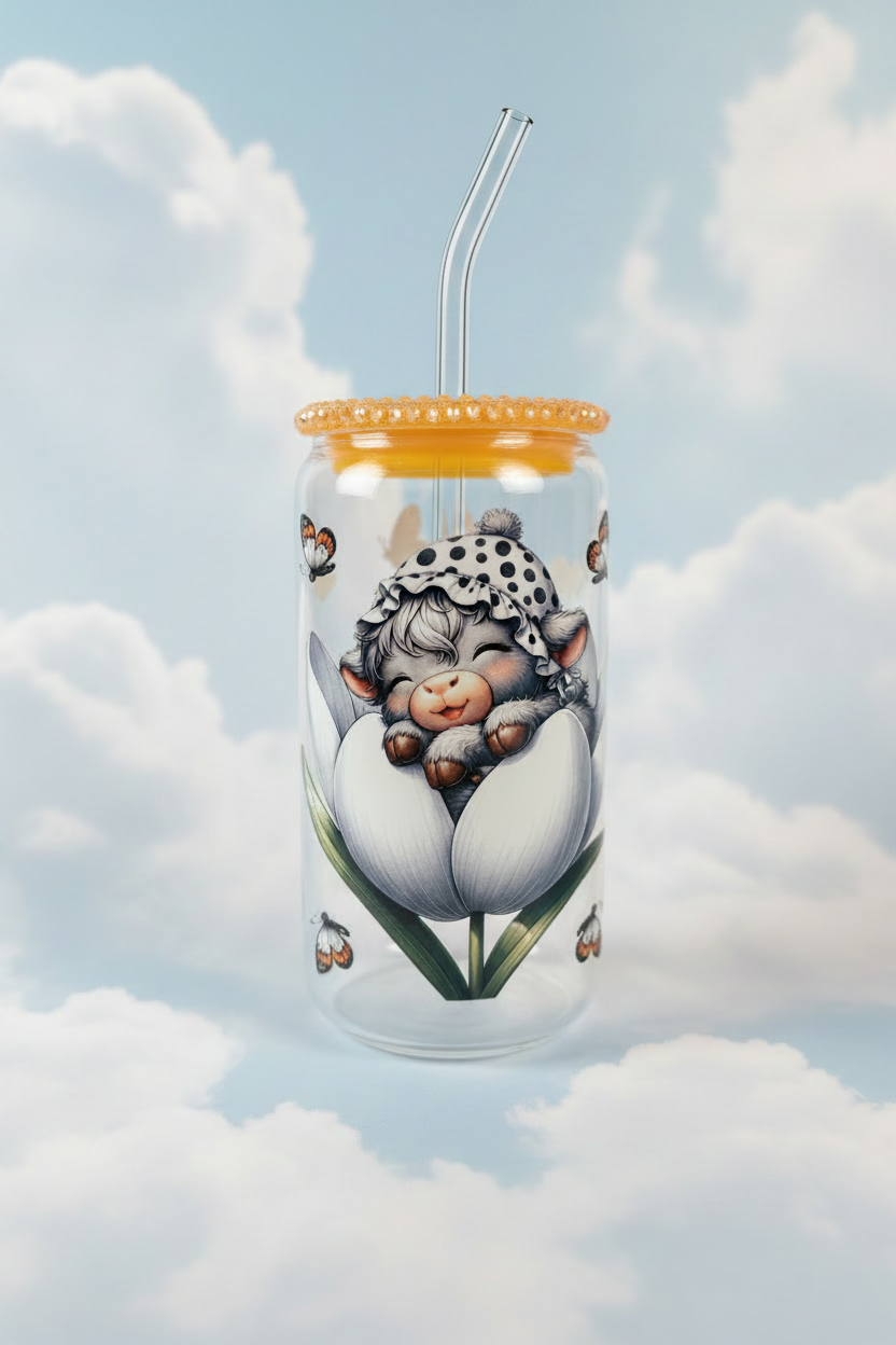 Sleeping highland cow glass can cup with cloud background and straw