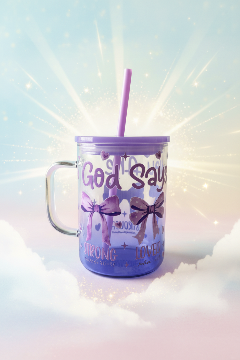 God Says glass mug with heavenly pastel background
