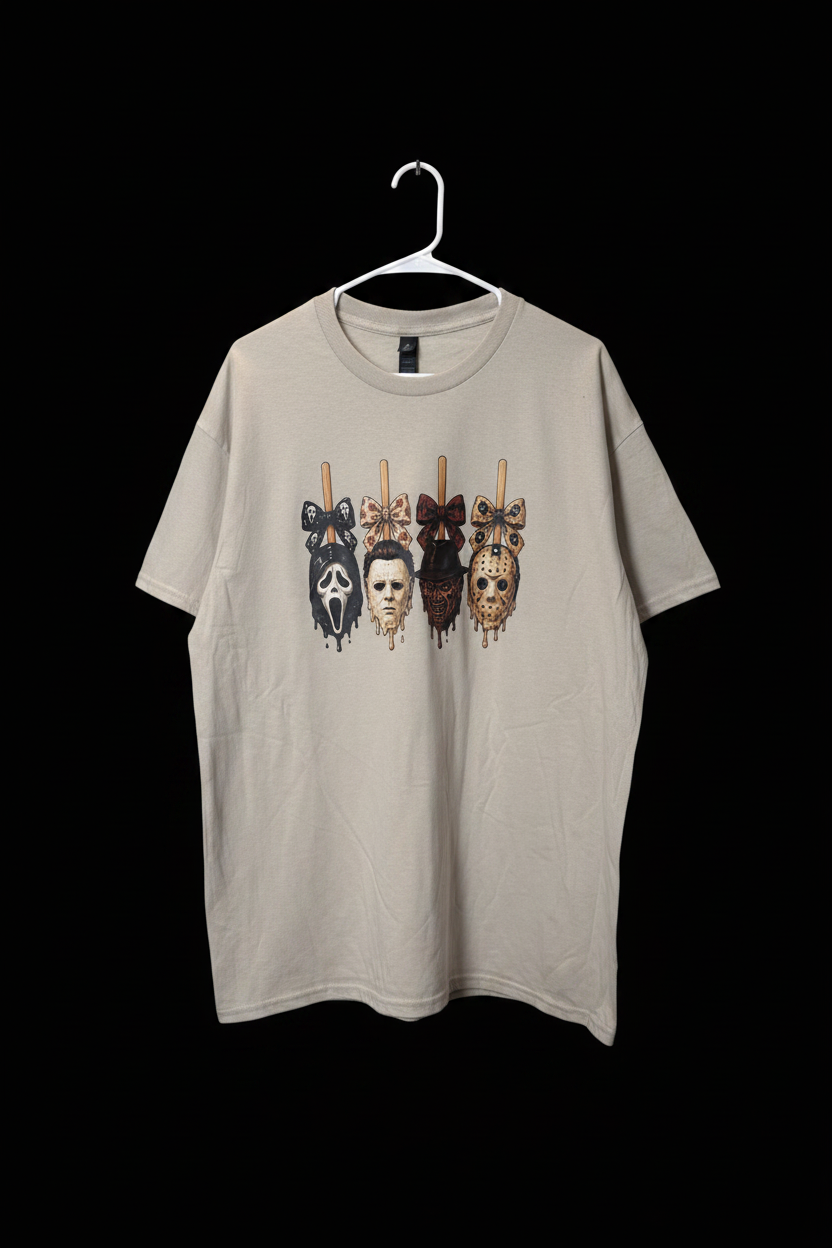 Sand horror mask cake pops graphic tee on black studio background
