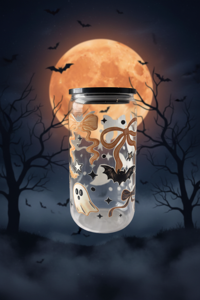Halloween ghost and bows glass can cup with dark spooky background
