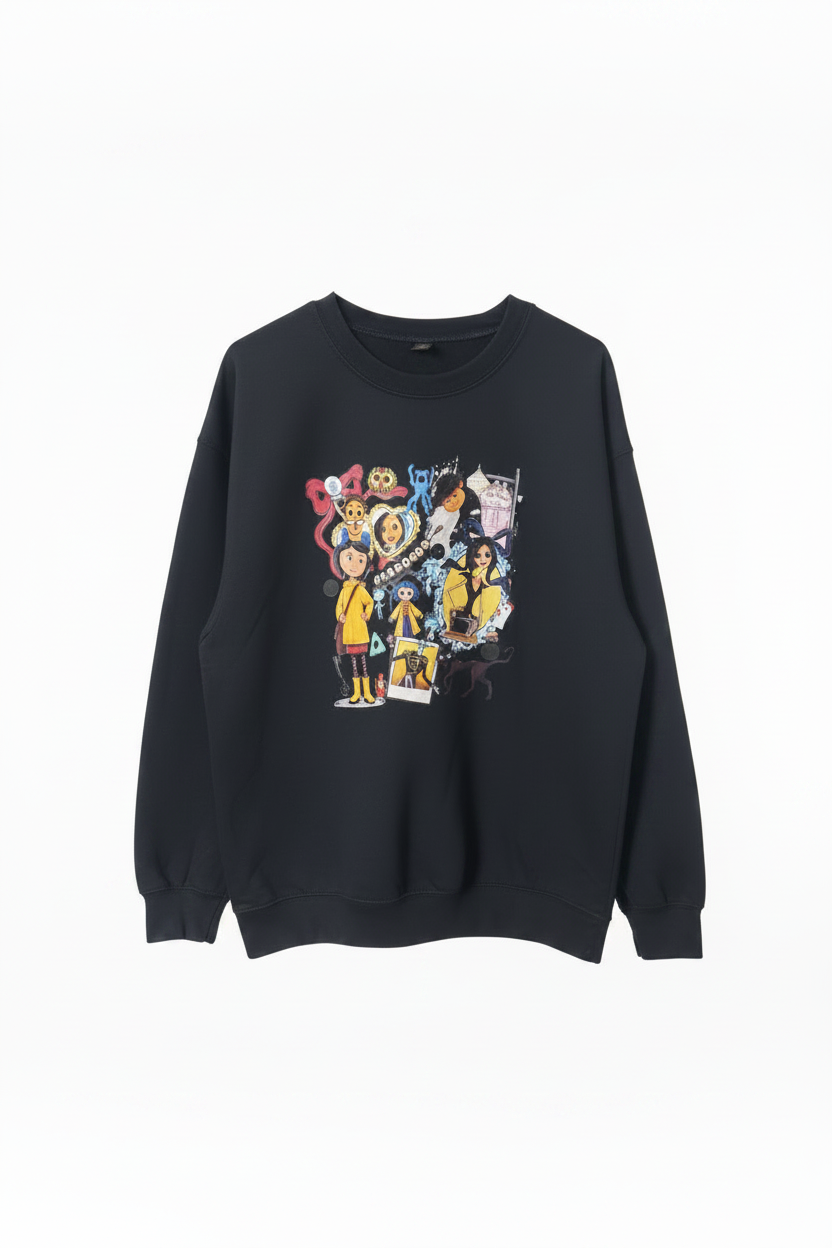 Black Coraline graphic crewneck sweatshirt on white studio background