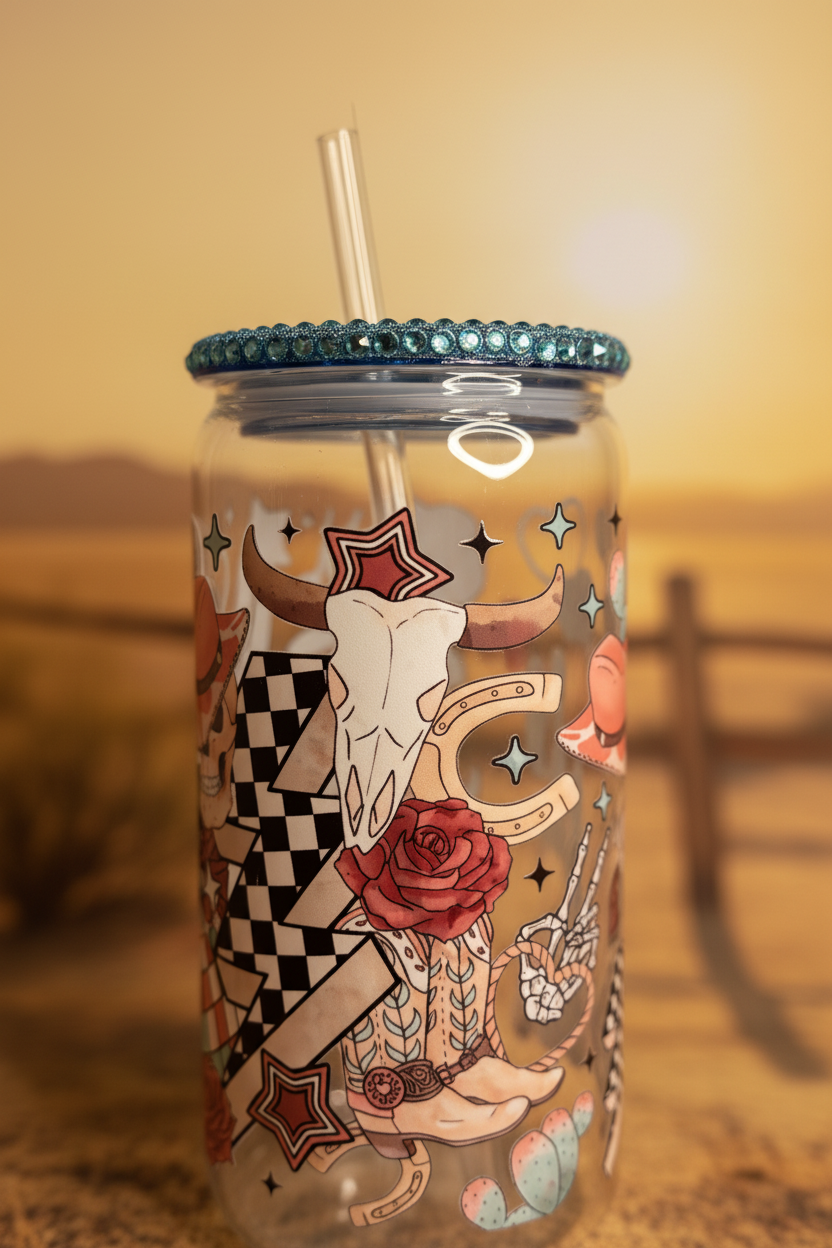 Western Cowgirl 16 oz Glass Tumbler