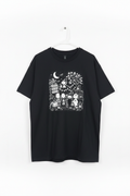 Black Peanuts Halloween pumpkin patch graphic tee on white studio background