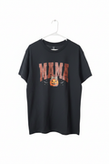 Black Halloween Mama graphic tee on white studio background