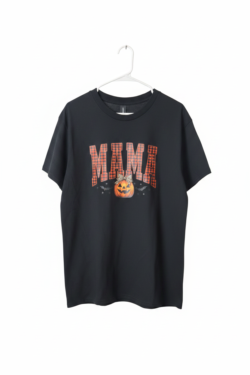 Black Halloween Mama graphic tee on white studio background