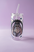 Eeyore glass can cup with straw on lavender background