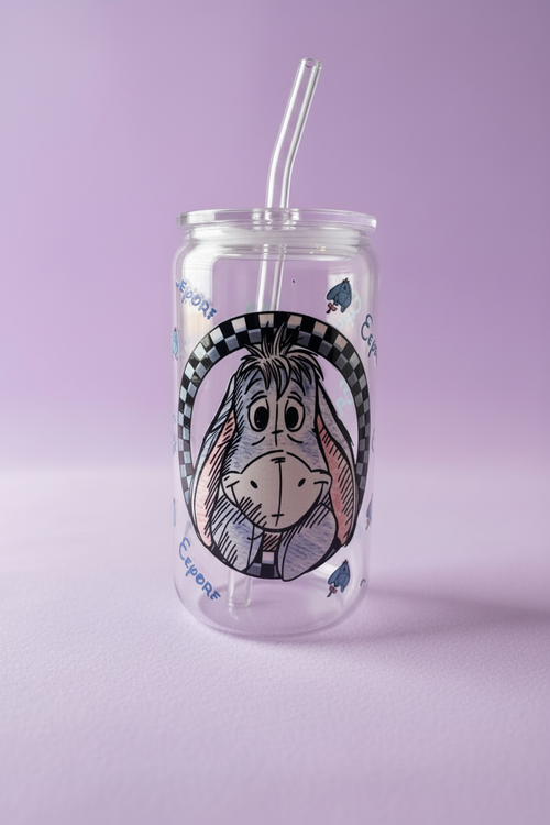 Eeyore glass can cup with straw on lavender background