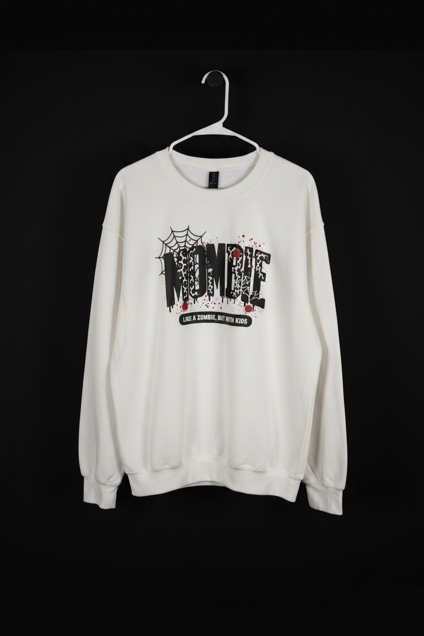 White Mombie graphic sweatshirt on black studio background