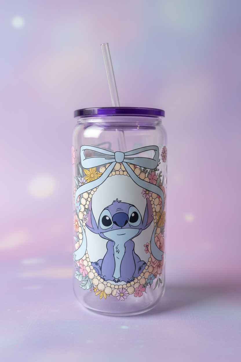 Stitch floral glass can cup with straw and purple background