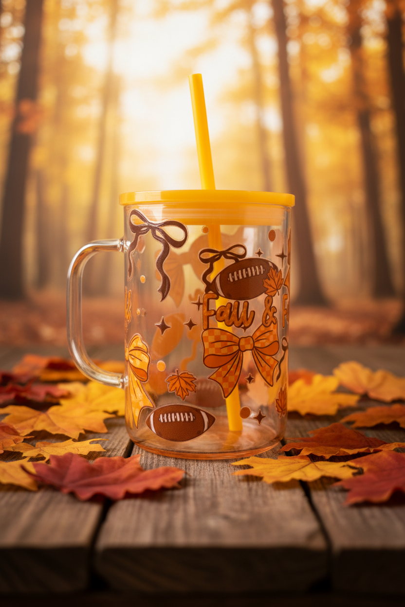 Fall and Football glass mug with warm autumn background